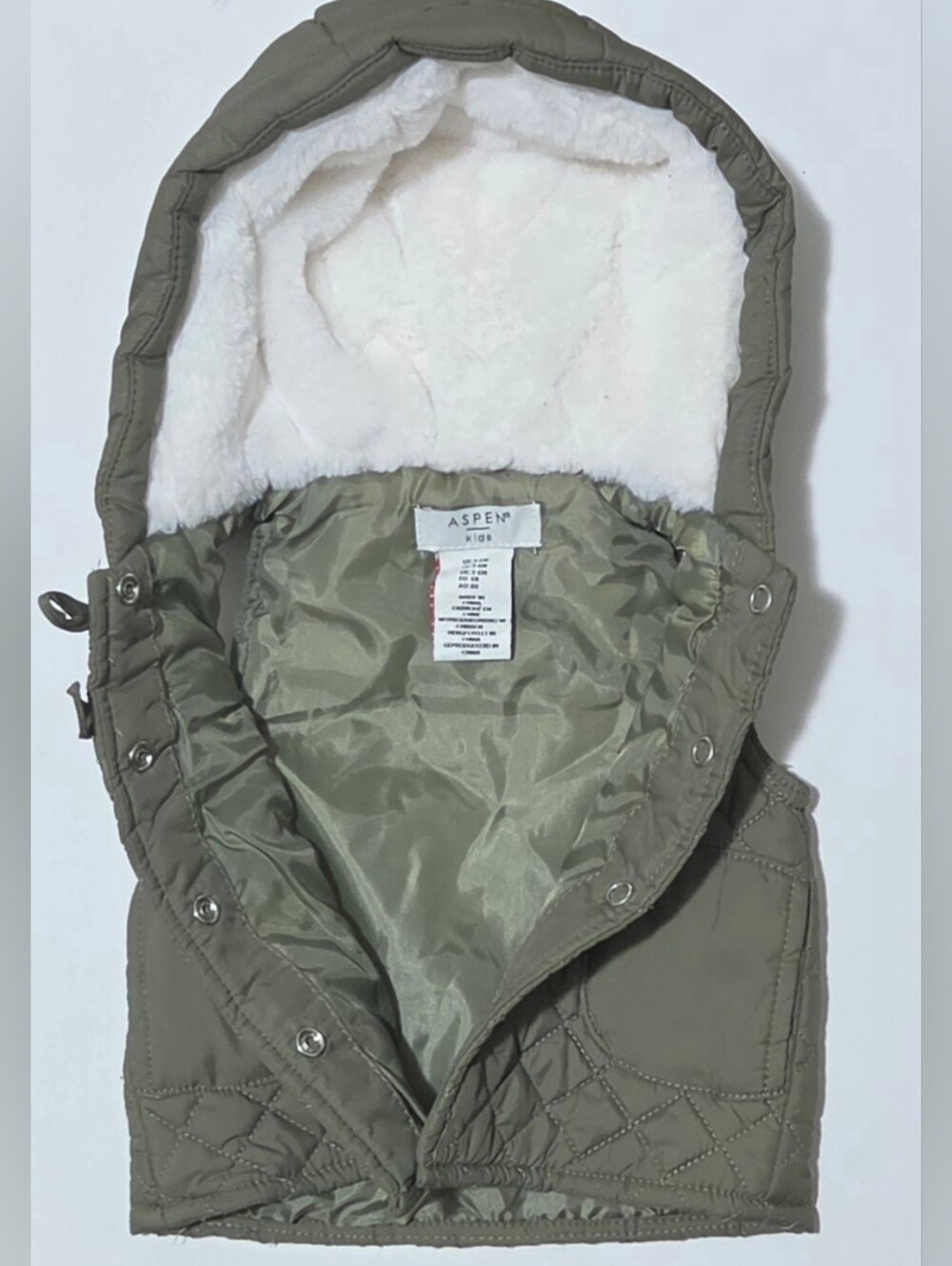 ASPEN KIDS Olive Green Quilted Hooded Vest Faux Fur Lining Pom Poms 3-6M